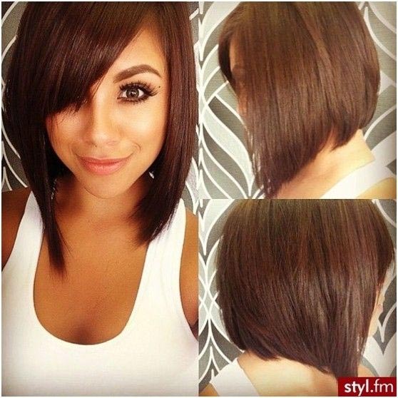 Longer asymmetrical bob with side-swept bangs and side part