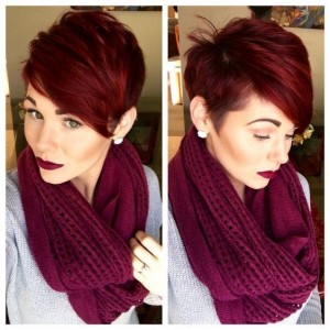 Red Violet Mahogany: Chic Pixie Haircut with Side Swept Bangs