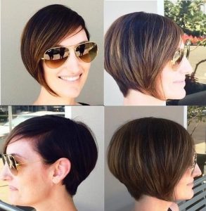Amazing asymmetrical brunette bob with gold-blonde highlights