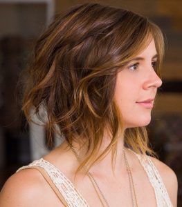 Super-trendy long bob with edgy disconnected layers & yellow highlights